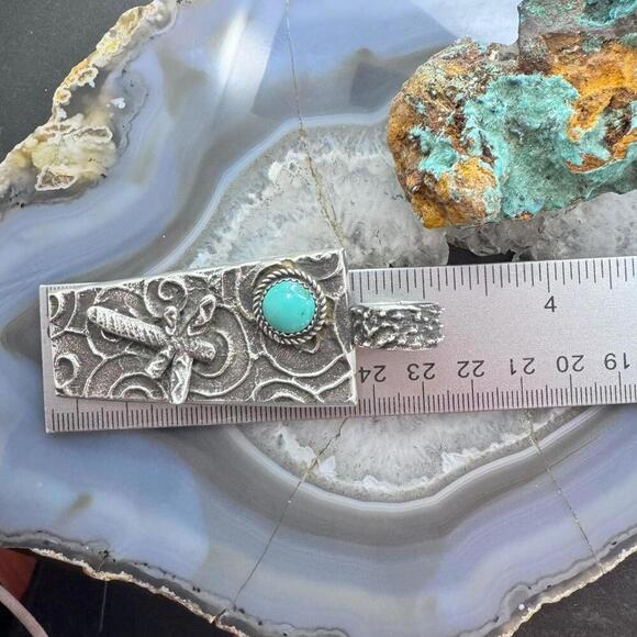Cheyenne Custer Sterling Silver & Turquoise Dragonfly Tufa Cast Unisex Pendant - Picture 10 of 10